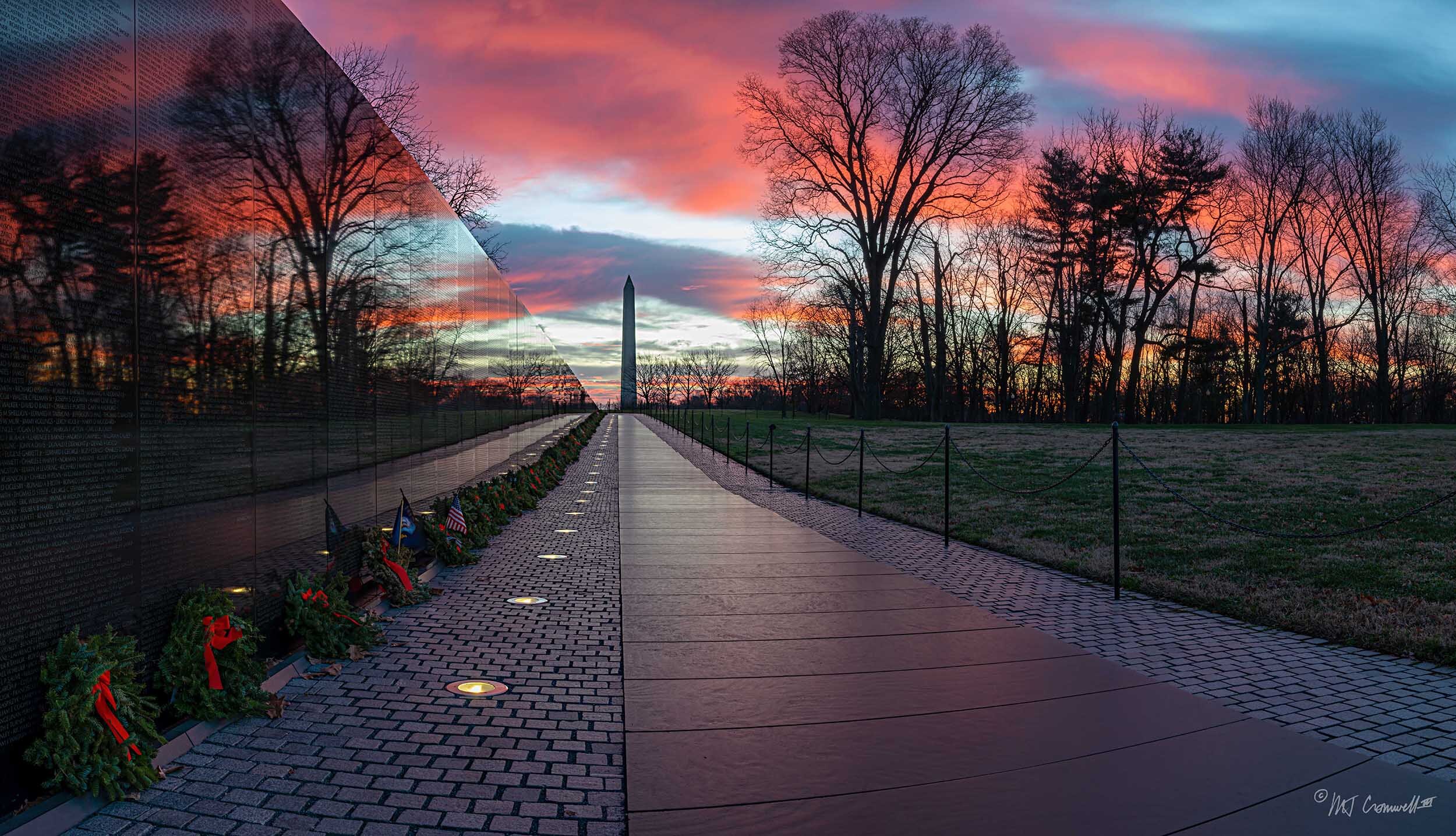 Vietnam Veterans Memorial at Sunrise with Christmas Wreaths