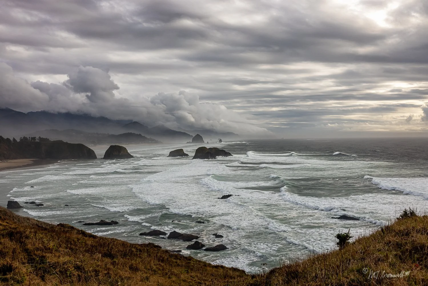 View of Cannon Beach from Ecola State Park on Stormy Afternoon