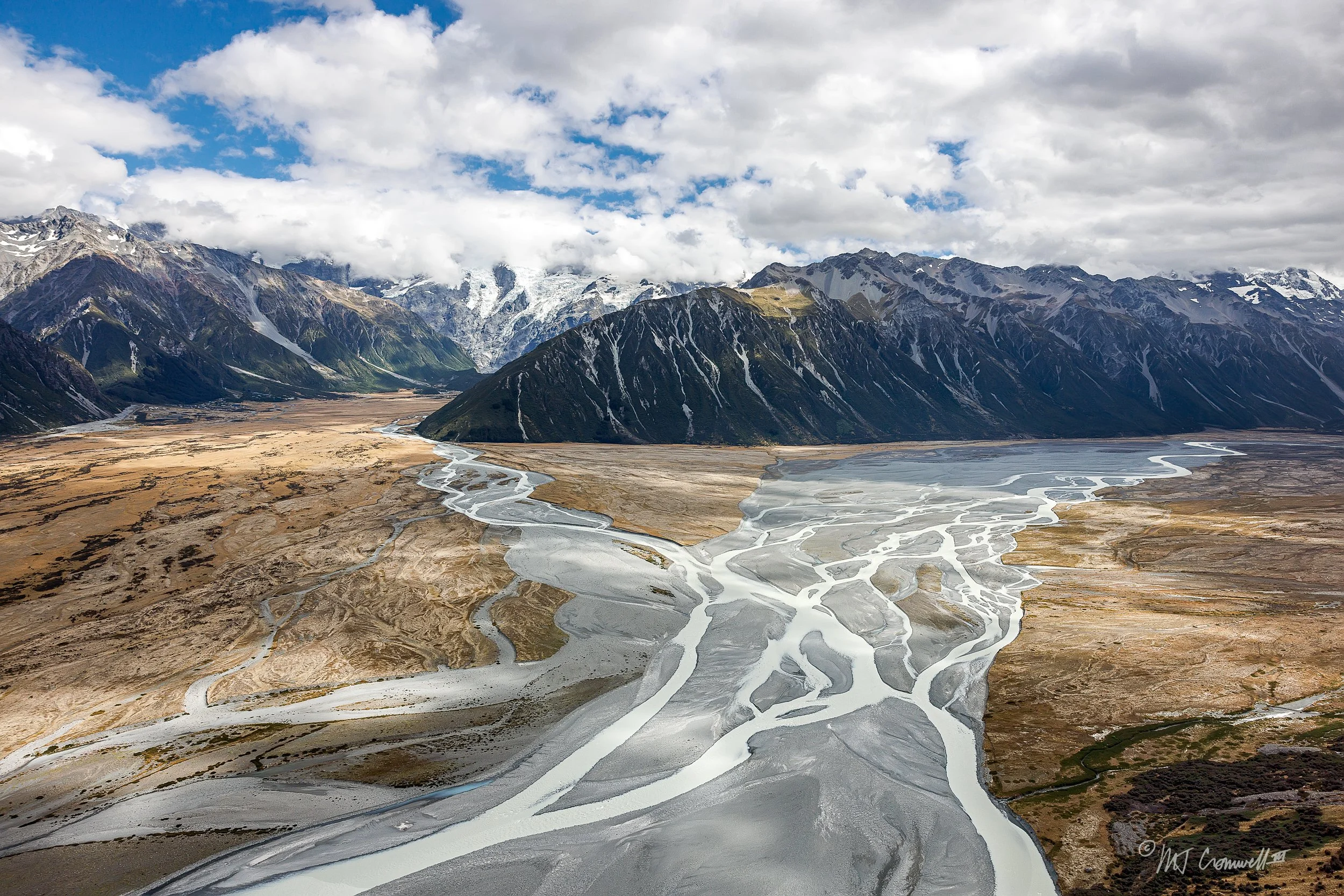Braiding on Tasman River in Mt Cook National Park, South Island New Zealand