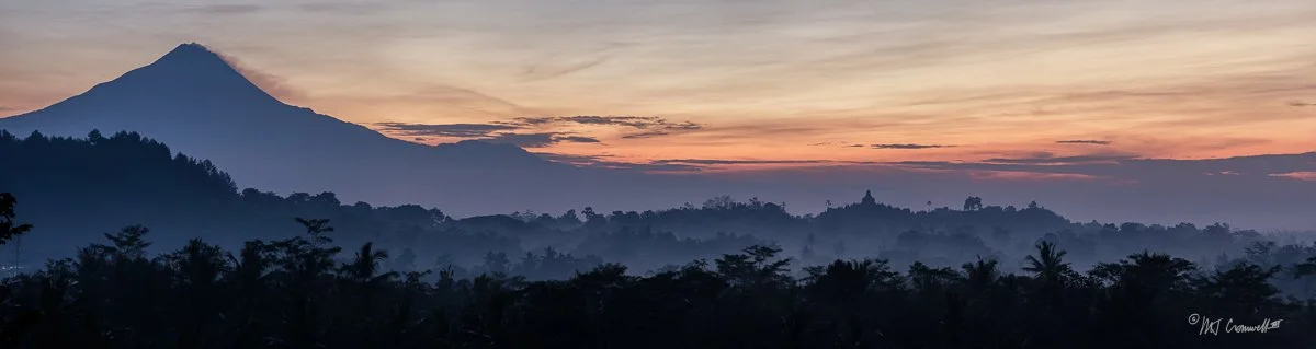 Mount Merapi and Borobudur Temple at Sunrise