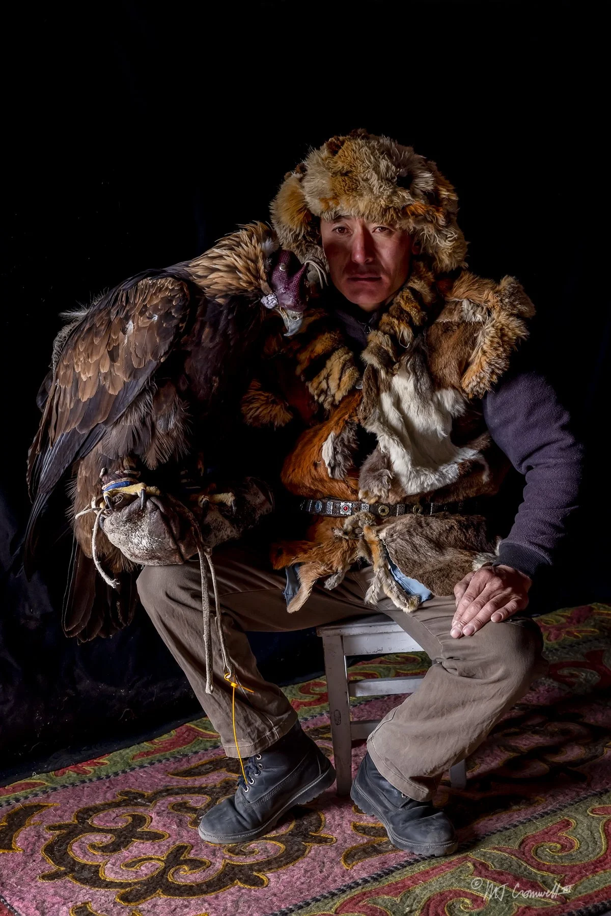 Portrait of Veteran Eagle Hunter and His Eagle