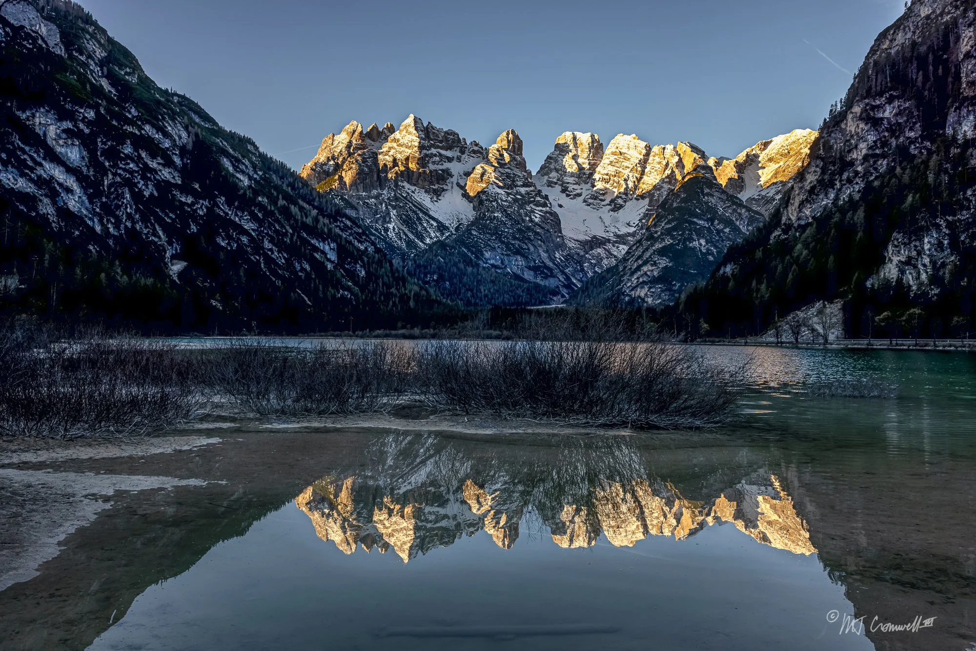 Reflection of Monte Cristallo in Lago di Landro in Dolomites