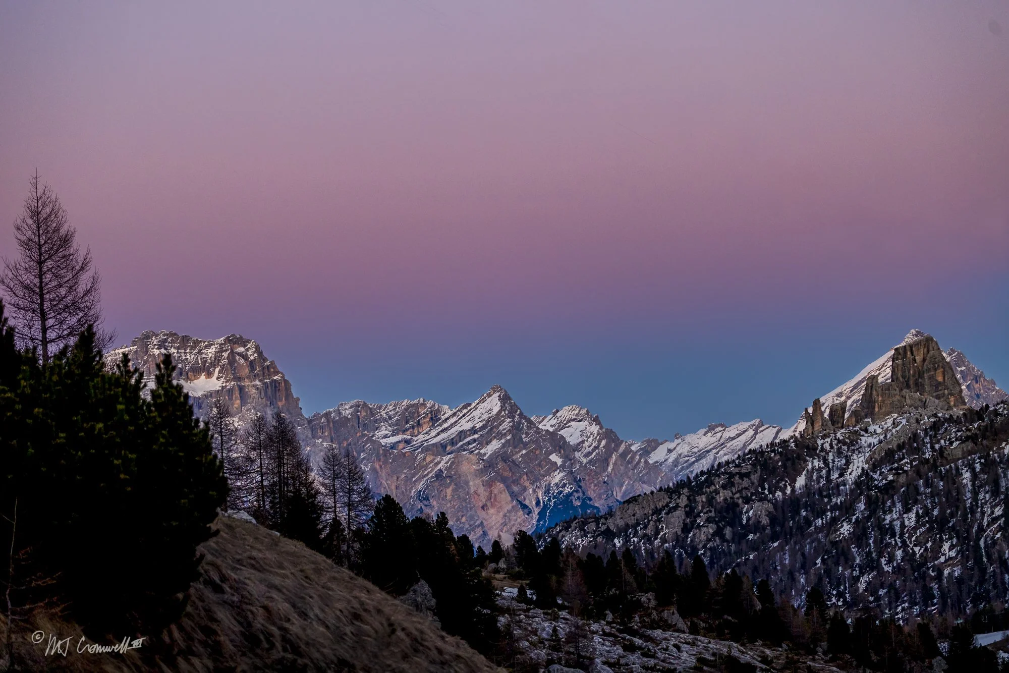 Beginning of Blue Hour in Passo Falzarego in Dolomites