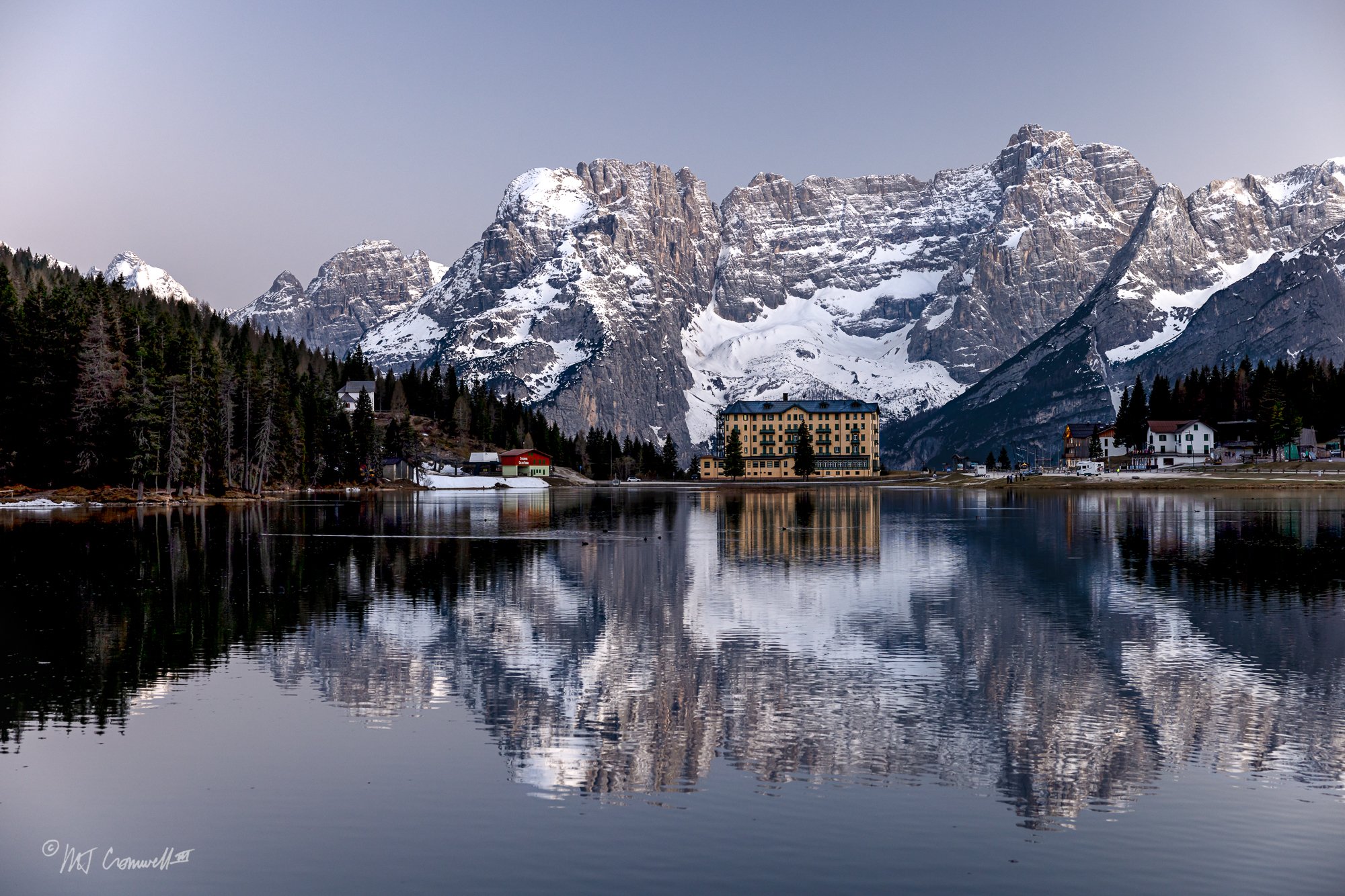 Post Sunset Reflection of Monte Serapis in Lago Misurina in Dolomites