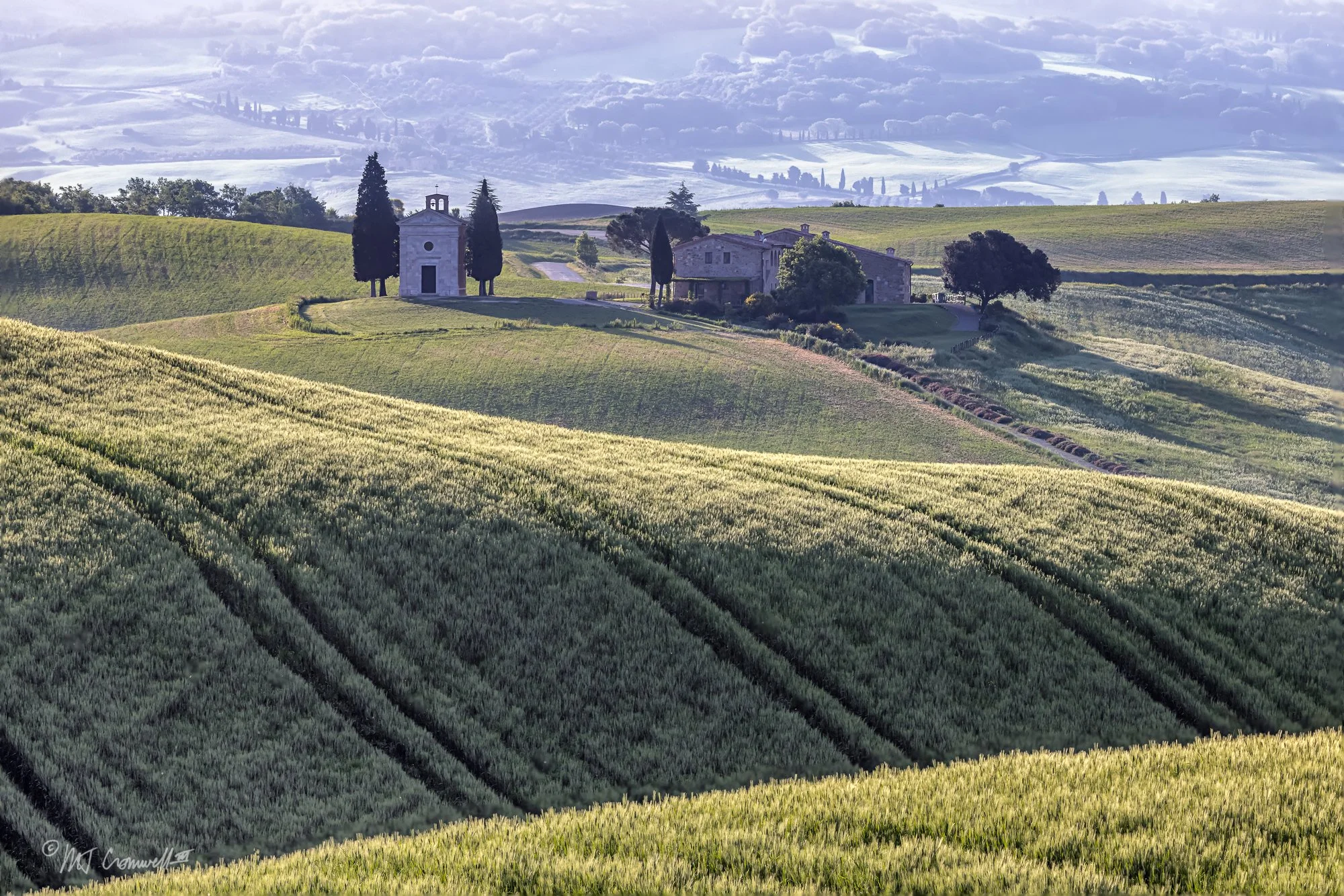Early Morning View of Rural Chapel in Val D'Orcia