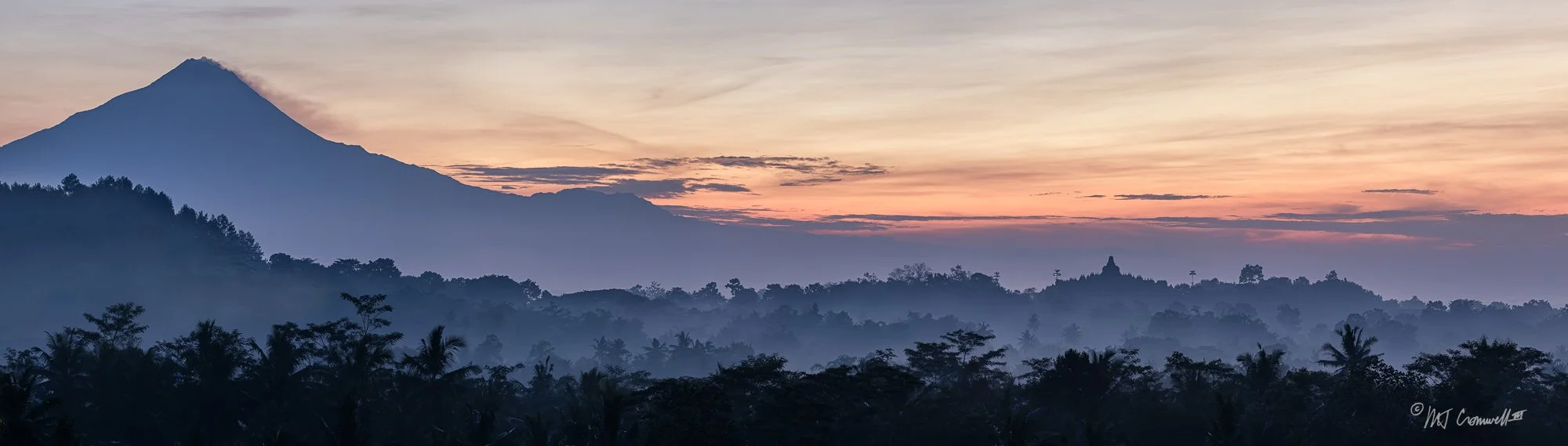 Mount Merapi and Borobudur Temple at Sunrise