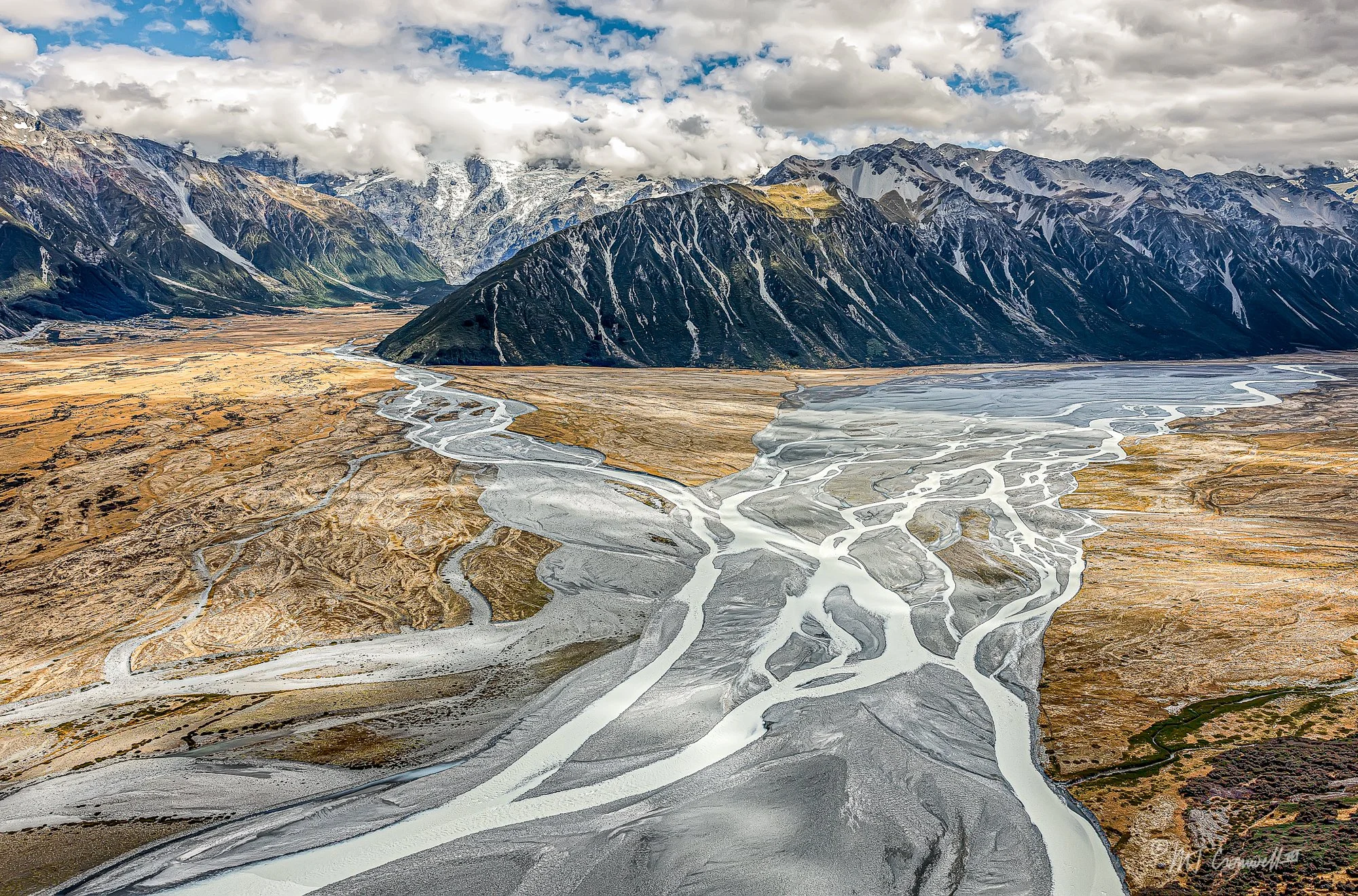 Braiding on Tasman River in Mt Cook National Park, South Island New Zealand
