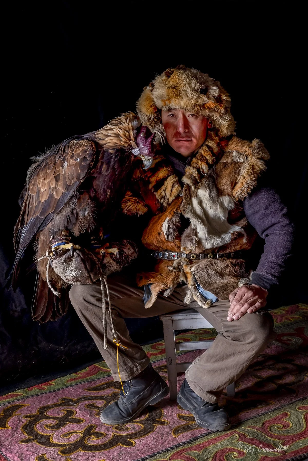 Portrait of Veteran Eagle Hunter and His Eagle