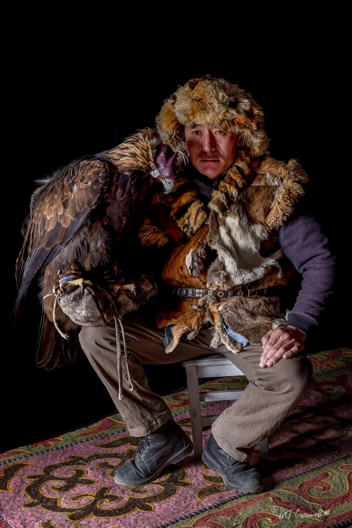 Portrait of Veteran Eagle Hunter and His Eagle