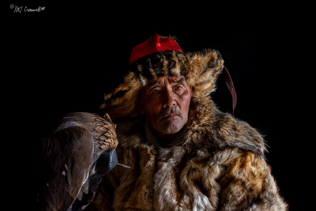 Portrait of First Eagle Hunter Host With His Golden Eagle