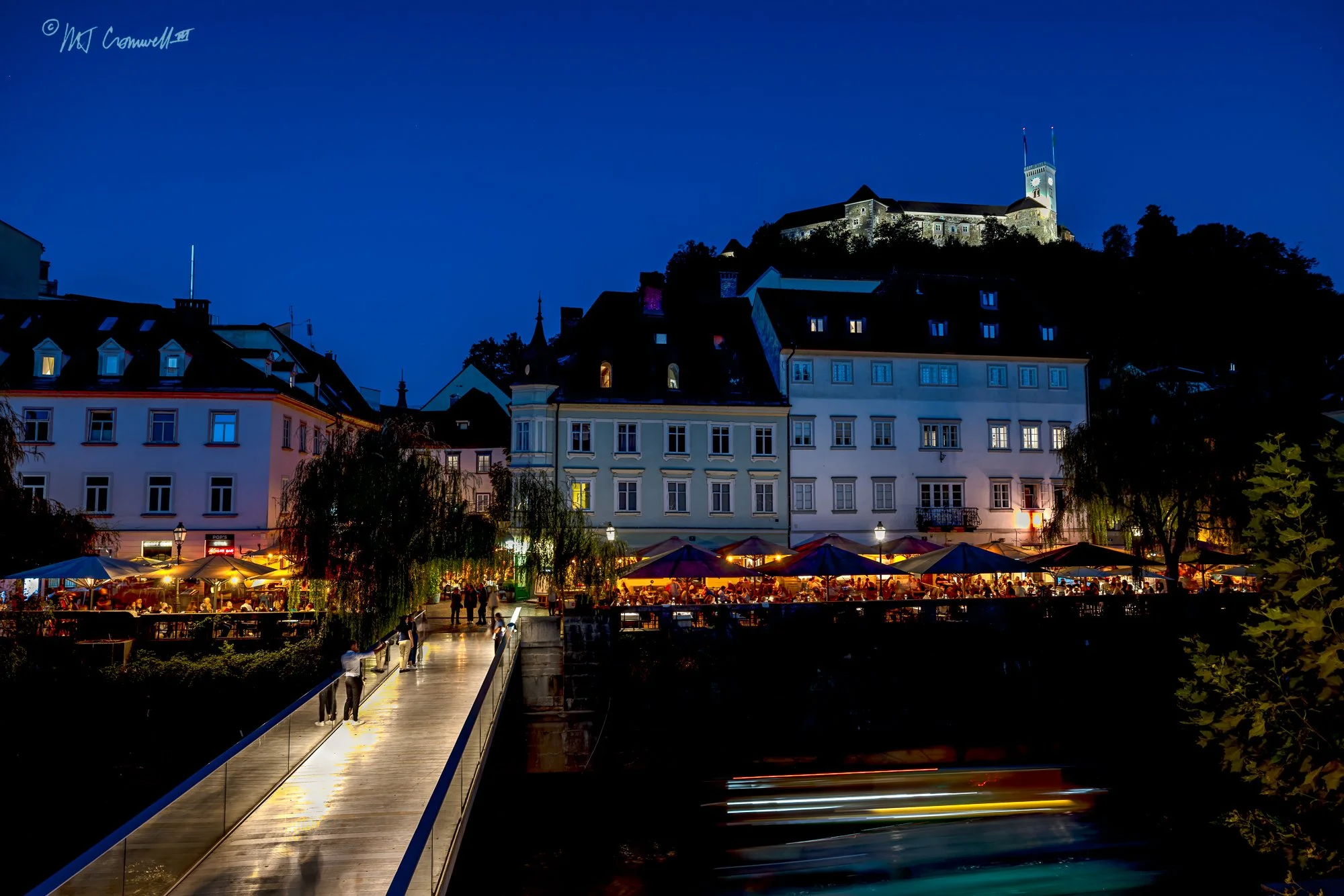 Ljubljana Castle overlooking Ribja Footbridge and Ljubljanica River
