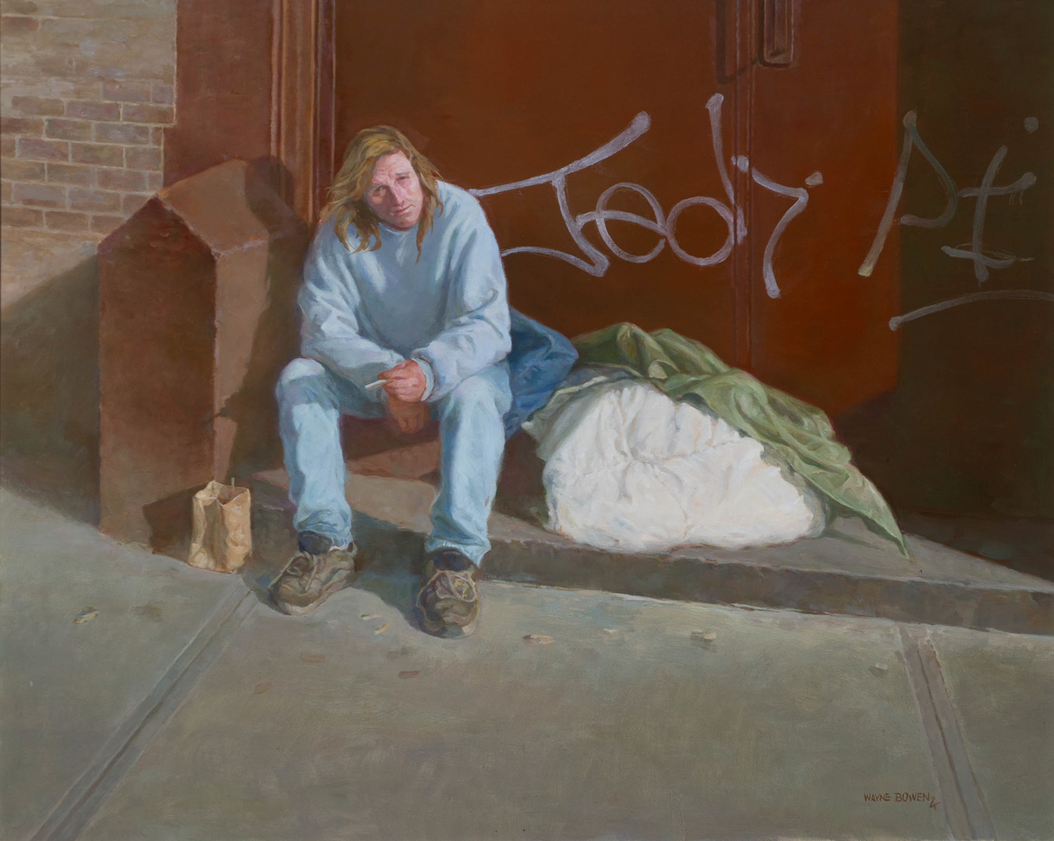Man on Stoop,
Oil on canvas, 14 x 18