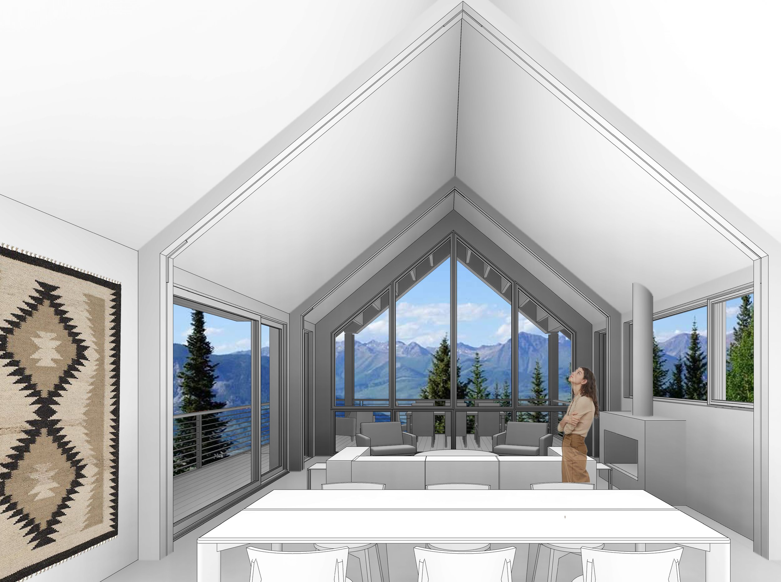 Interior of a modern mountain home with large windows showing mountain and forest views, white walls, a patterned wall hanging, and a woman standing near the fireplace.