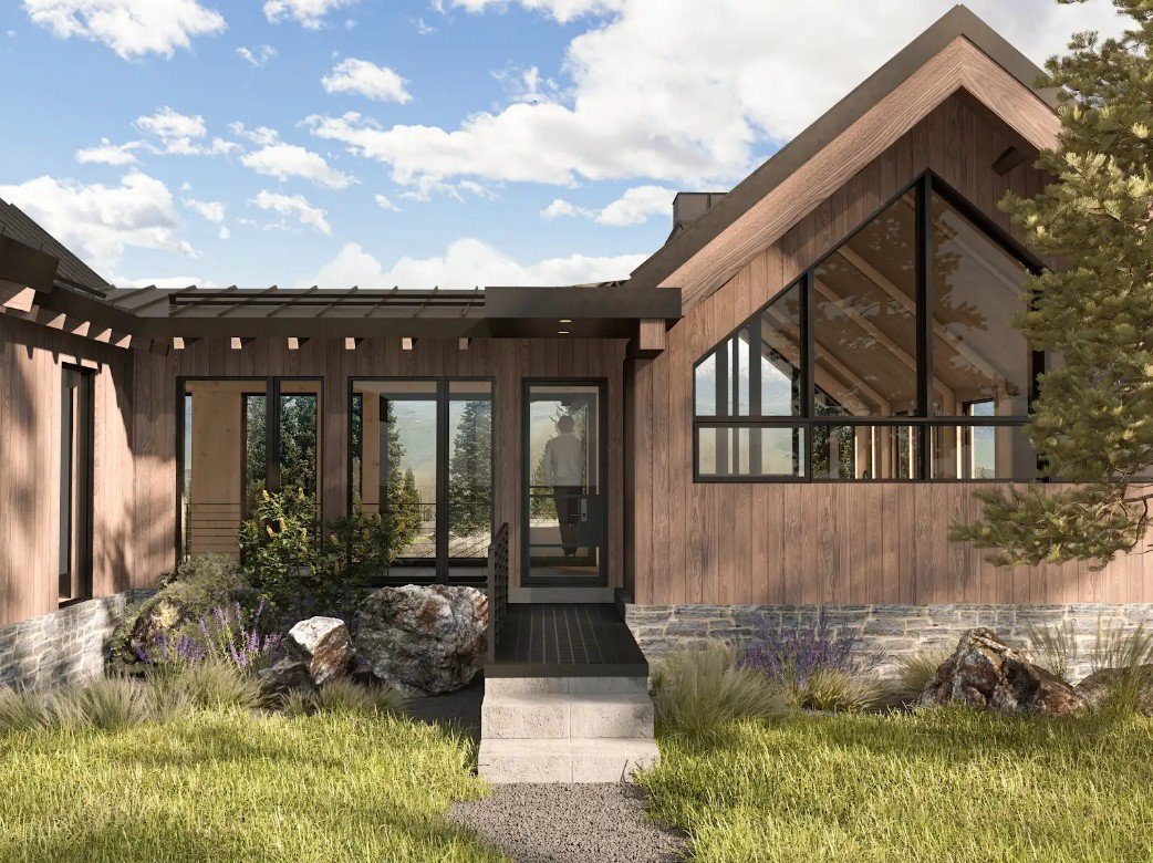 Modern wooden house with large glass windows and a landscaped front yard.