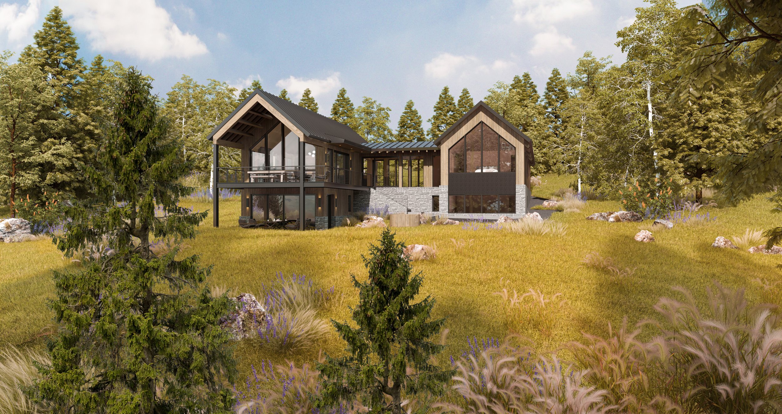 Modern house with large glass windows and a black metal roof, surrounded by trees and wildflowers on a grassy slope, under a partly cloudy sky.