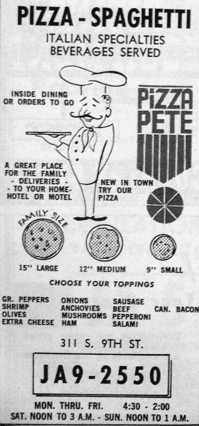 A Pizza Pete newspaper ad from 1967.