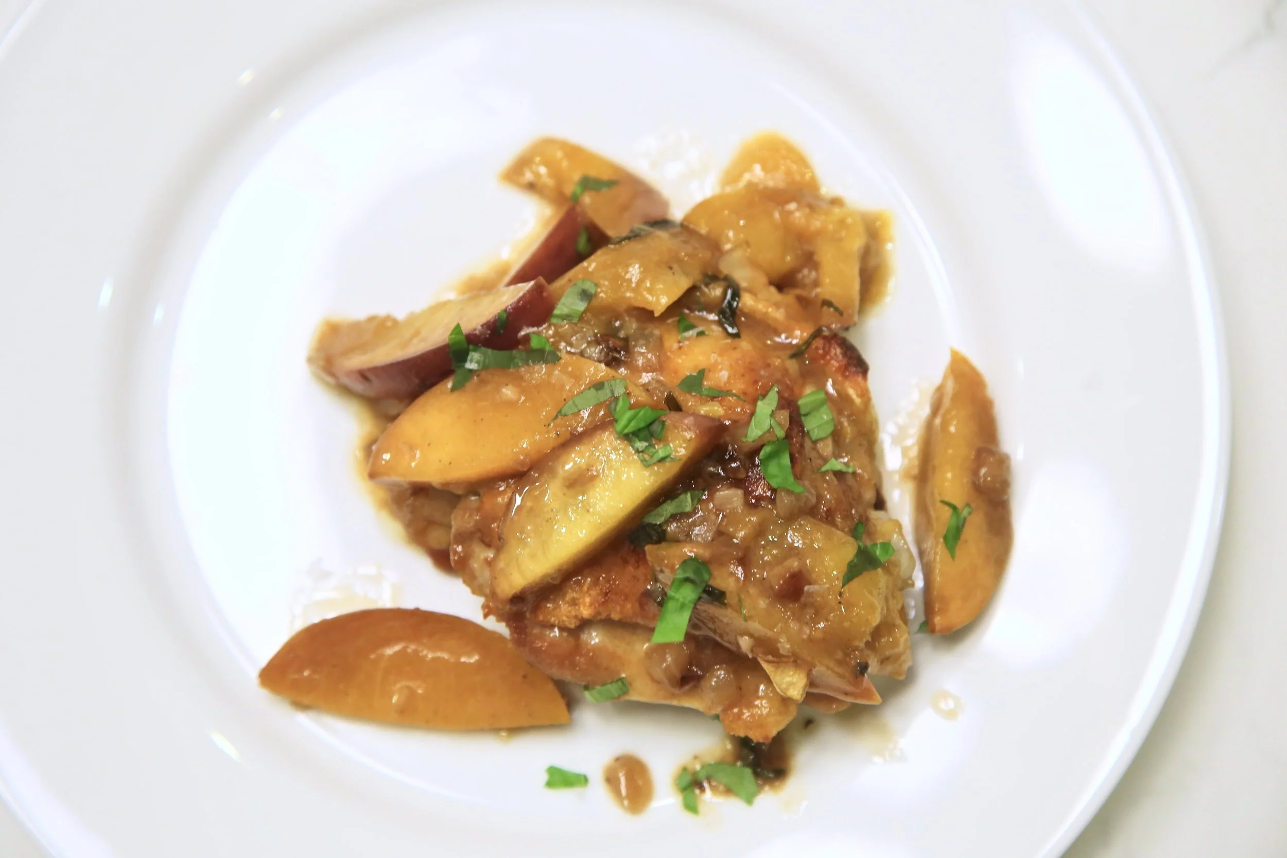 Chicken Thighs, Peaches, + Basil