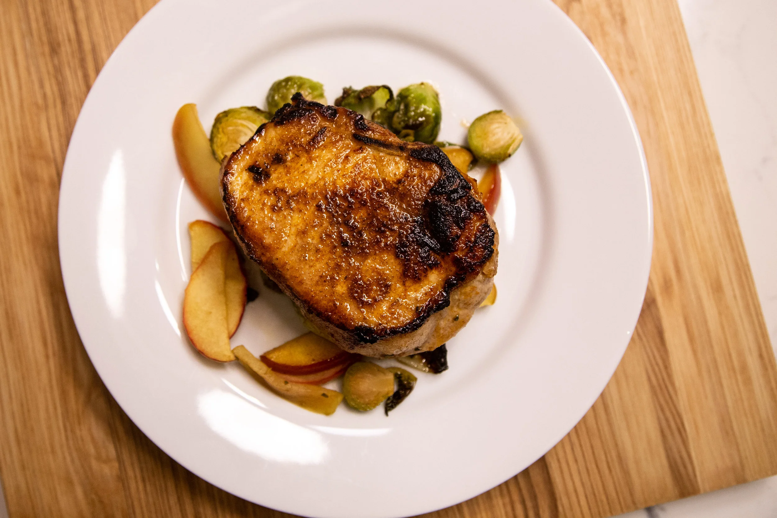 Pork Chops, Brussels sprouts, + Apples