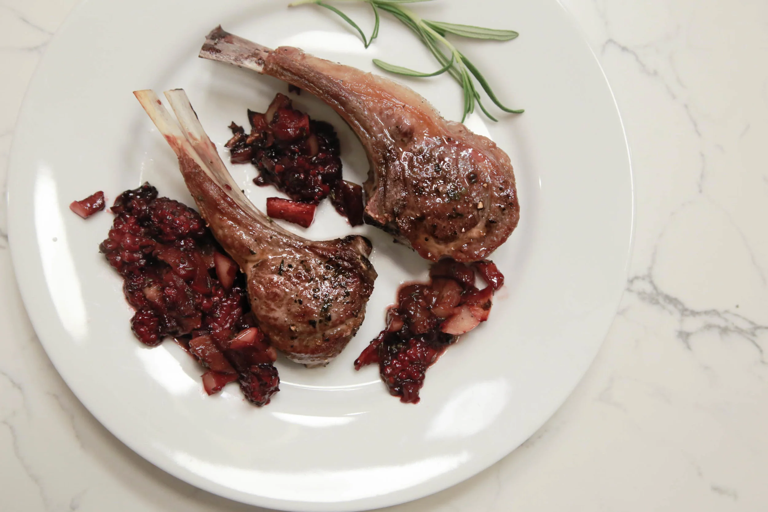 Lamb Chops + blackberry, apple, shallot chutney