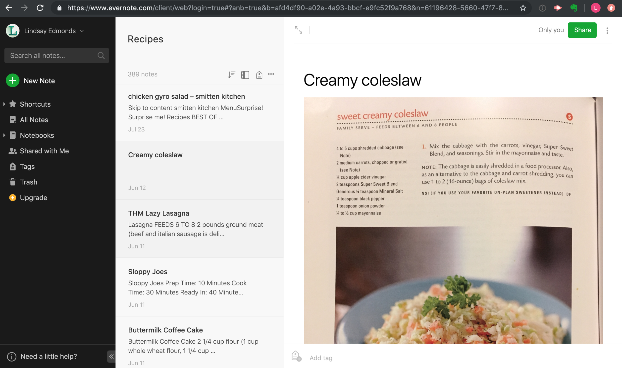 Screenshot of my evernote recipes notebook
