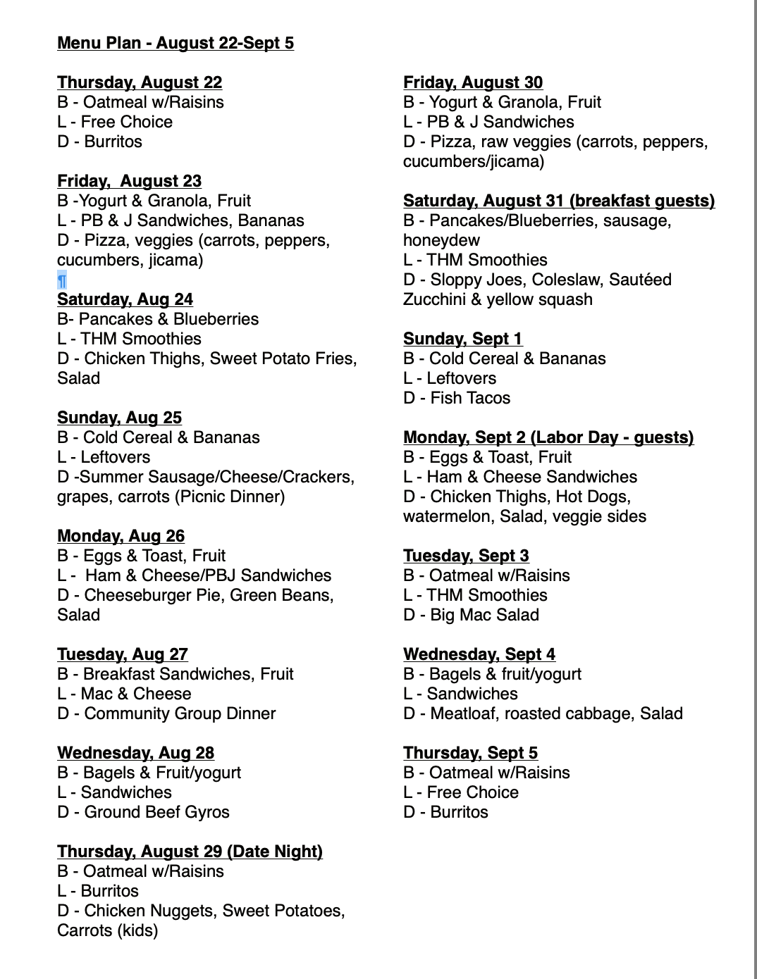 Two Week Menu Planning