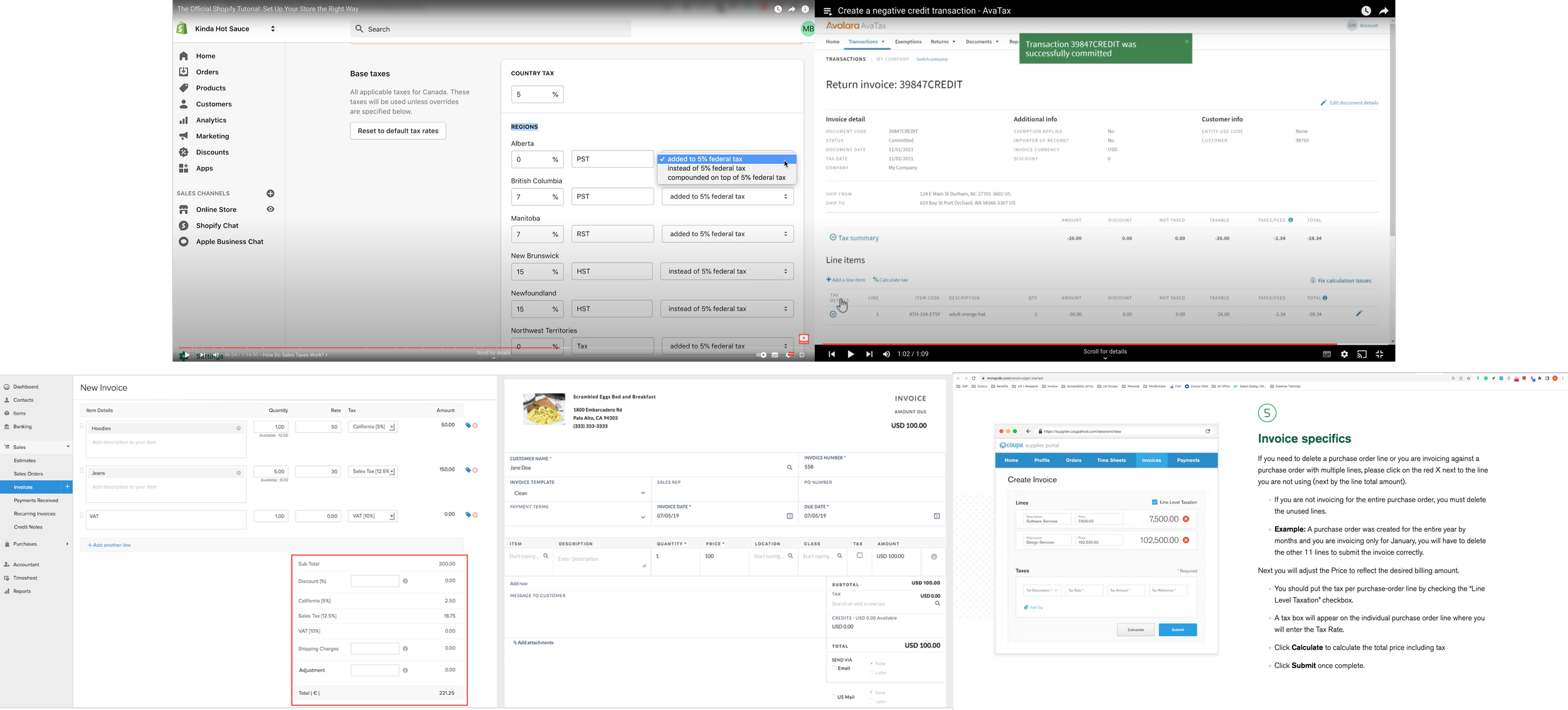 Screenshot of 5 Softwares showing tax screens - Top Left: Shopify, Top Right: Avalara, Bottom Left: Zoho Invoice, Bottom Middle: Bill.com, Bottom Right: Coupa