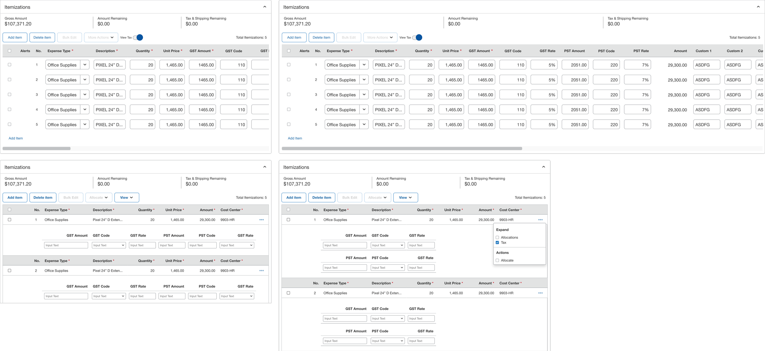 Exploration looking at different ways to display tax fields in the Itemizations section.