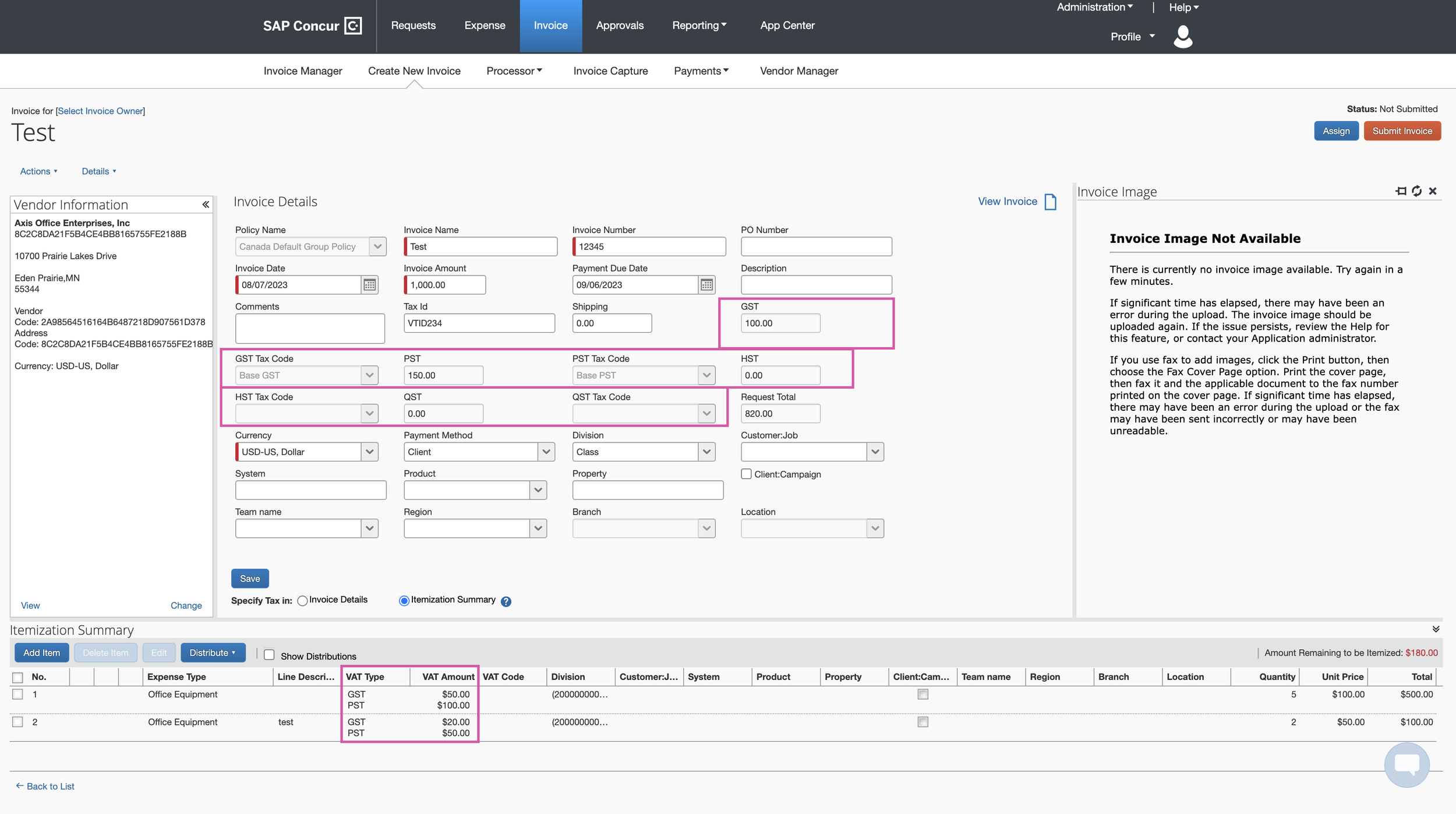 Invoice Legacy UI screenshot with the Tax fields highlighted. This particular configurations only shows 2 fields per tax.