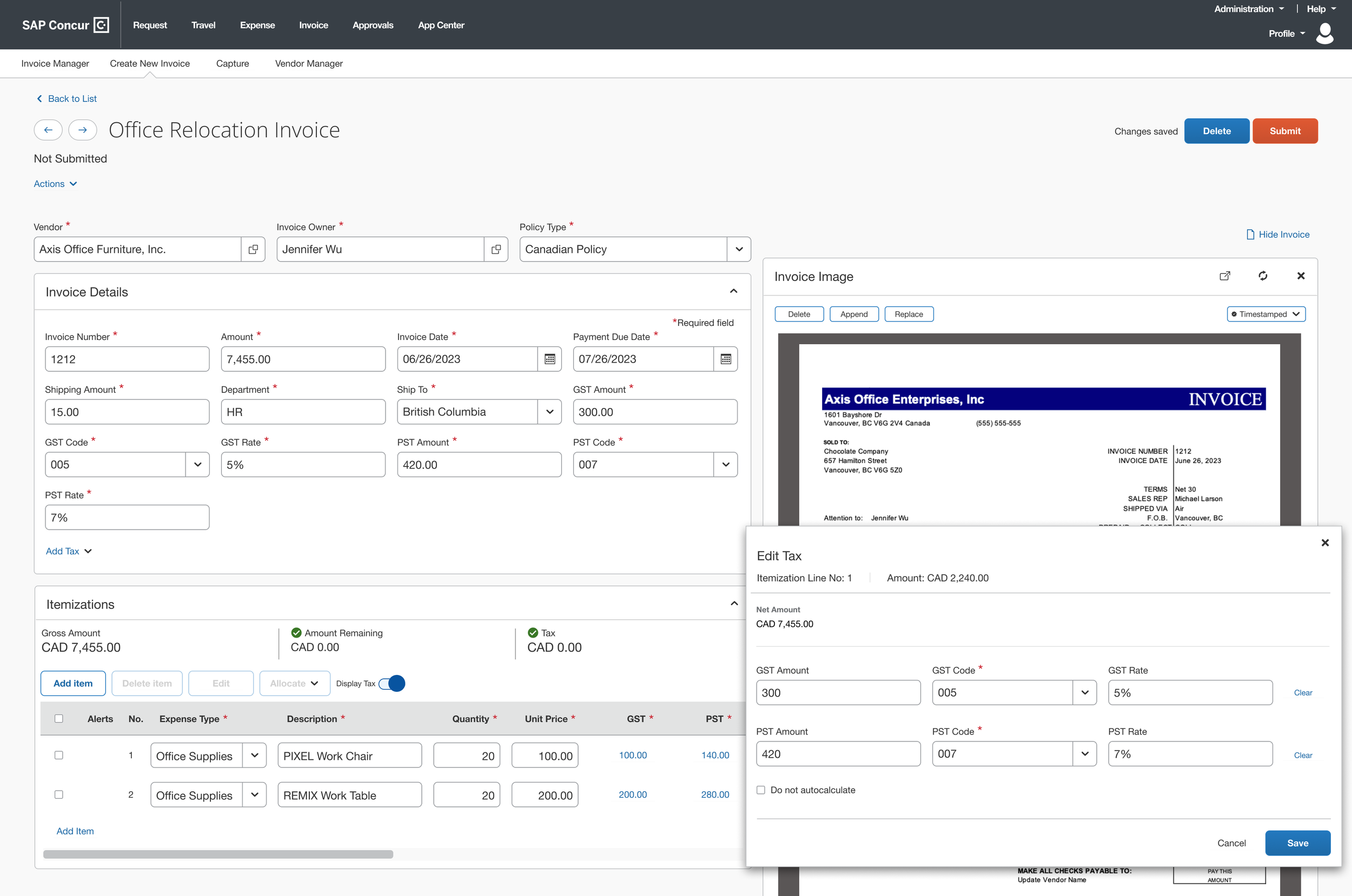North Star Image of Invoice with automated tax calculations showing in a modal and Ship to field that drive the tax fields to show up on the UI