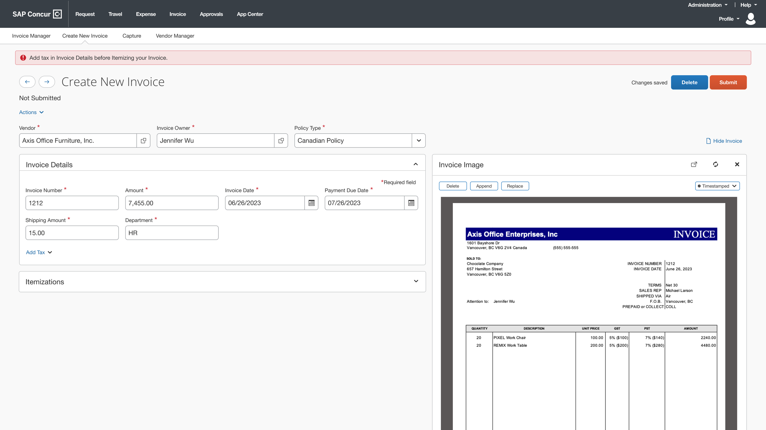 Image showing red error message when the user tries to move on to Itemizations before adding tax.