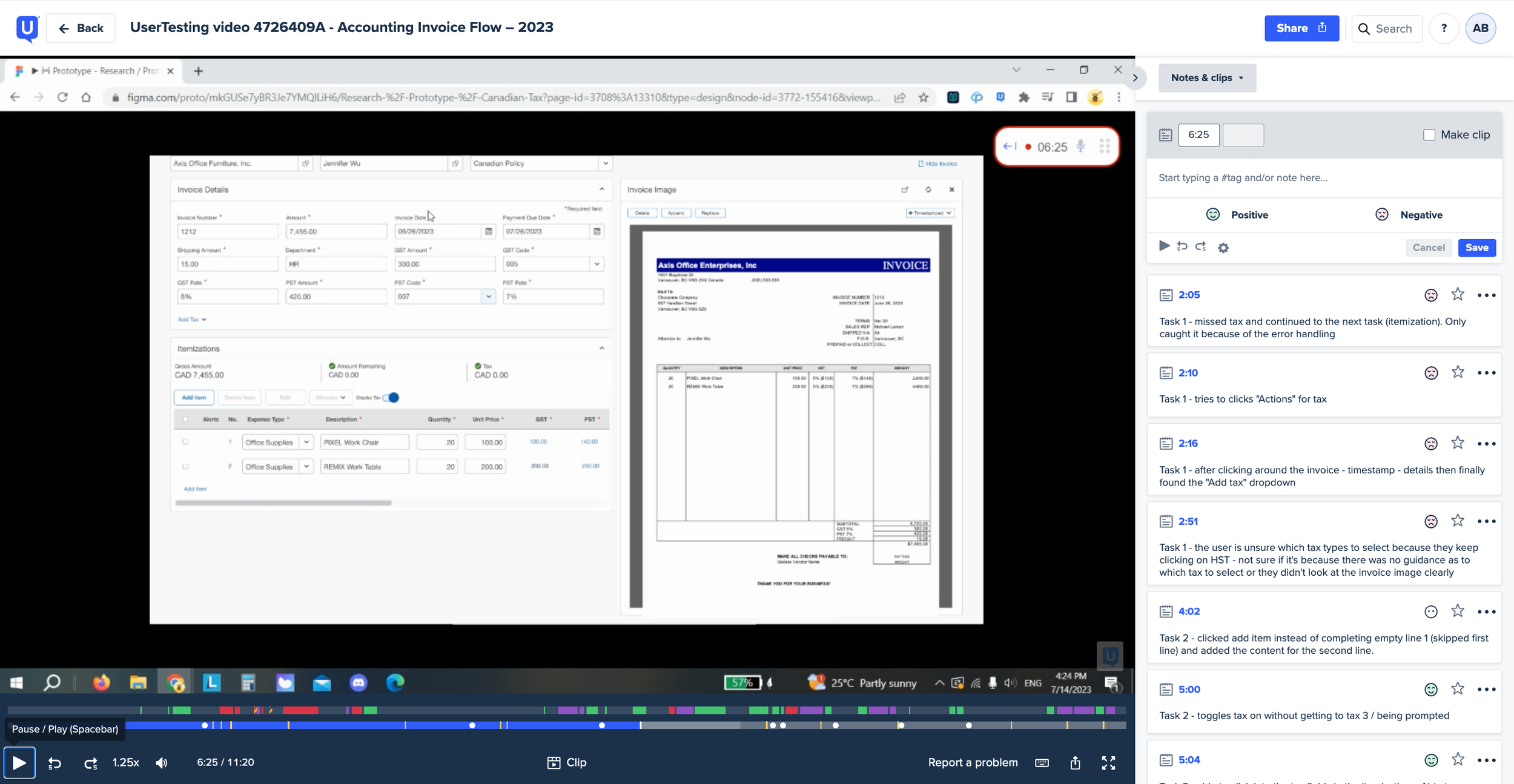 Screenshot of a video where a participant is going through the unmoderated Canadian tax study in the UserTesting software