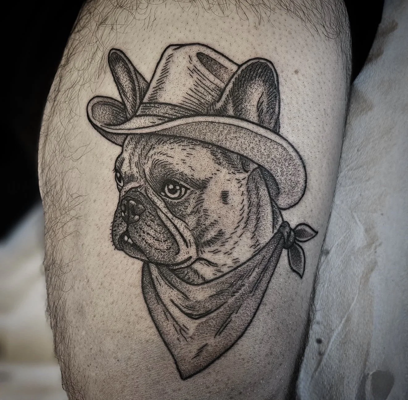 Dog wearing a cowboy hat and bandana portrait tattoo