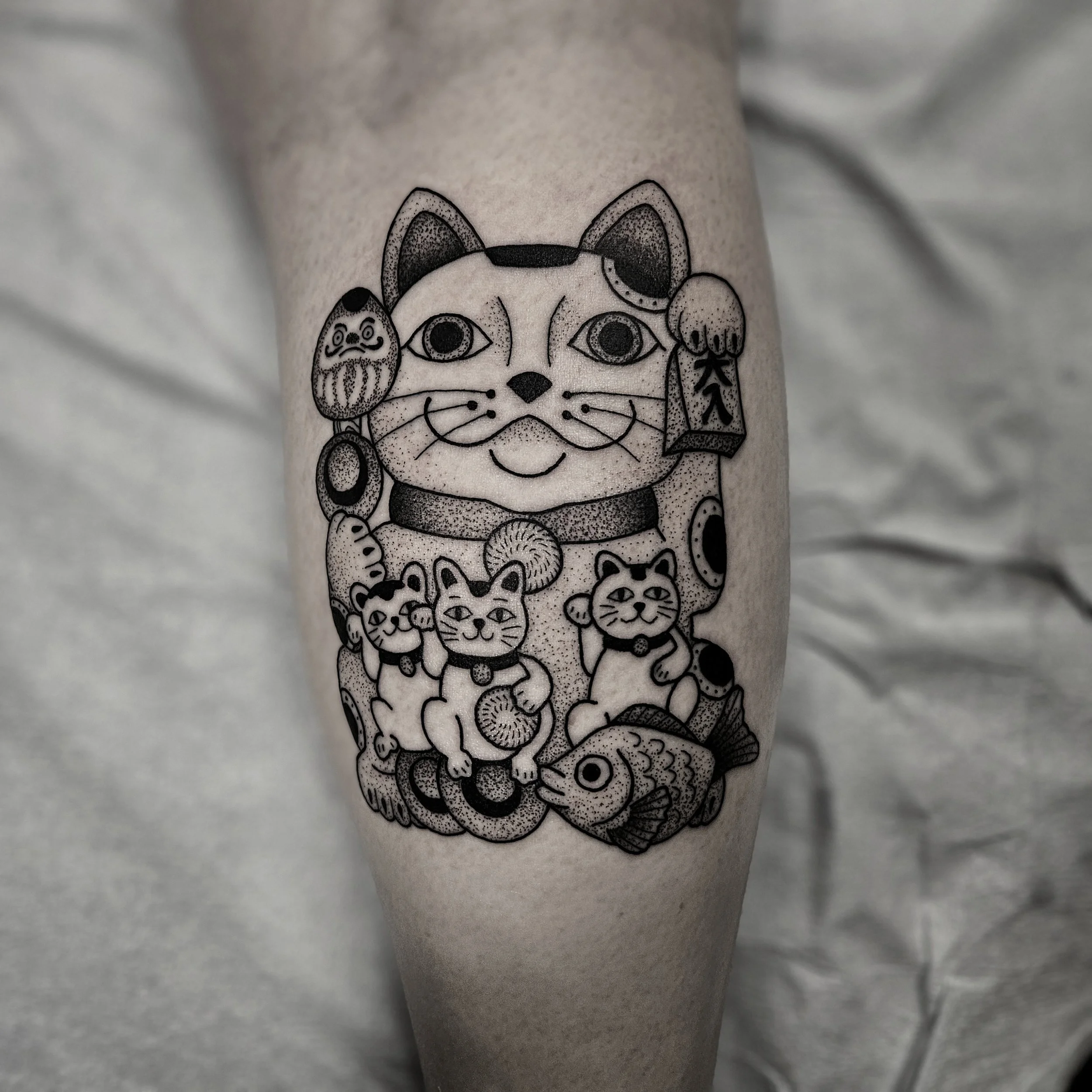 Maneki-Neko Cat dot shaded tattoo by by Kirk George