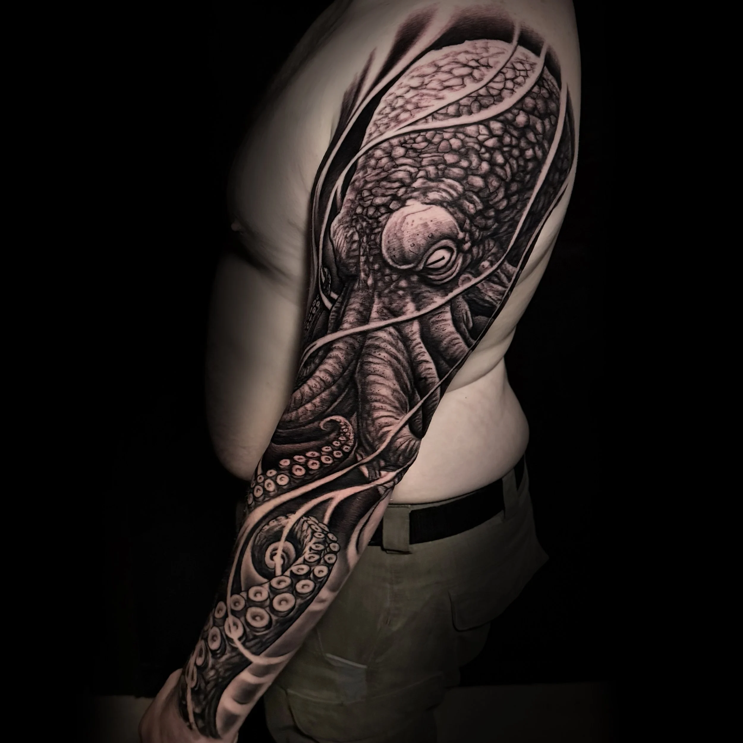 Octopus Kraken Squid Sea Creature Black and Grey realism Tattoo by Jay Quarles at Old Sport Tattoo 