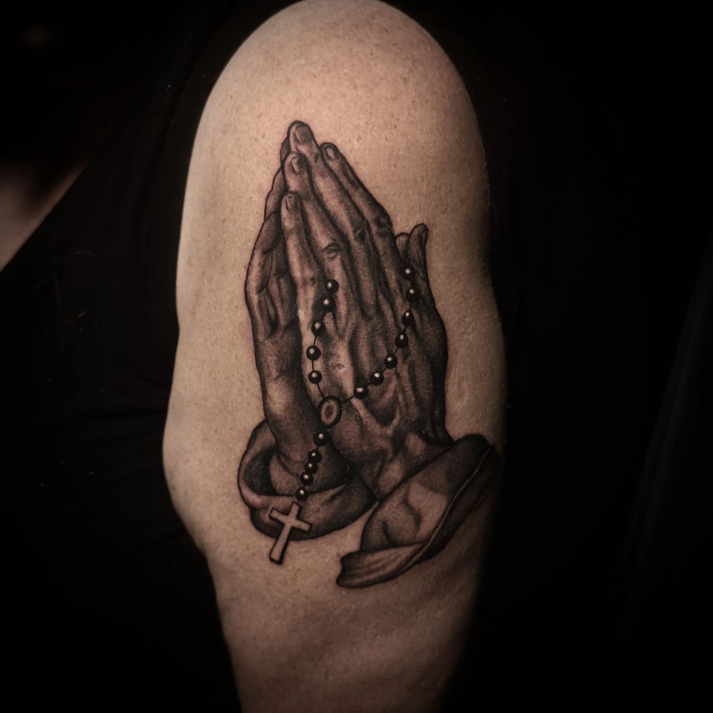 Praying Hands with Rosary Beads by Rhonda Heath at Old Sport Tattoo