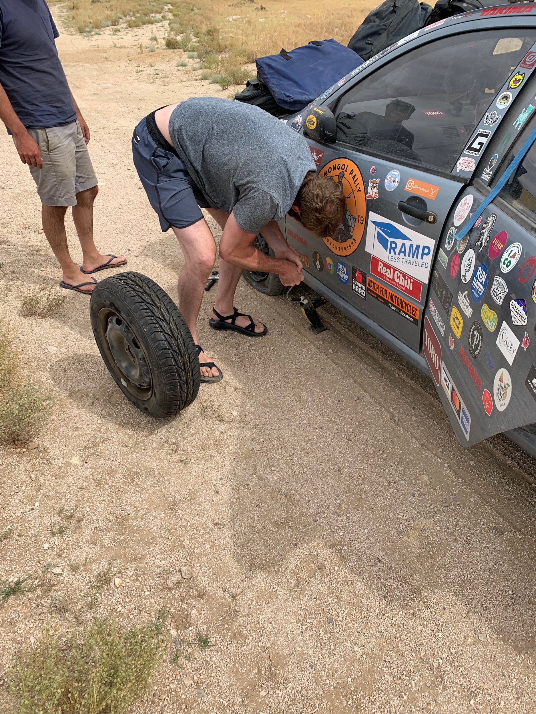Changing our front left tire