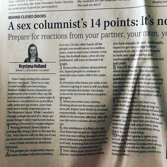 The last sex column I ever wrote⁣⁣⁣
⁣⁣⁣
Talking in my stories about a time I wrote about sex during menstruation my sophomore year of college that got way more attention than I expected. ⁣⁣⁣
⁣⁣⁣
This column made several references to that one.⁣⁣⁣
⁣⁣⁣