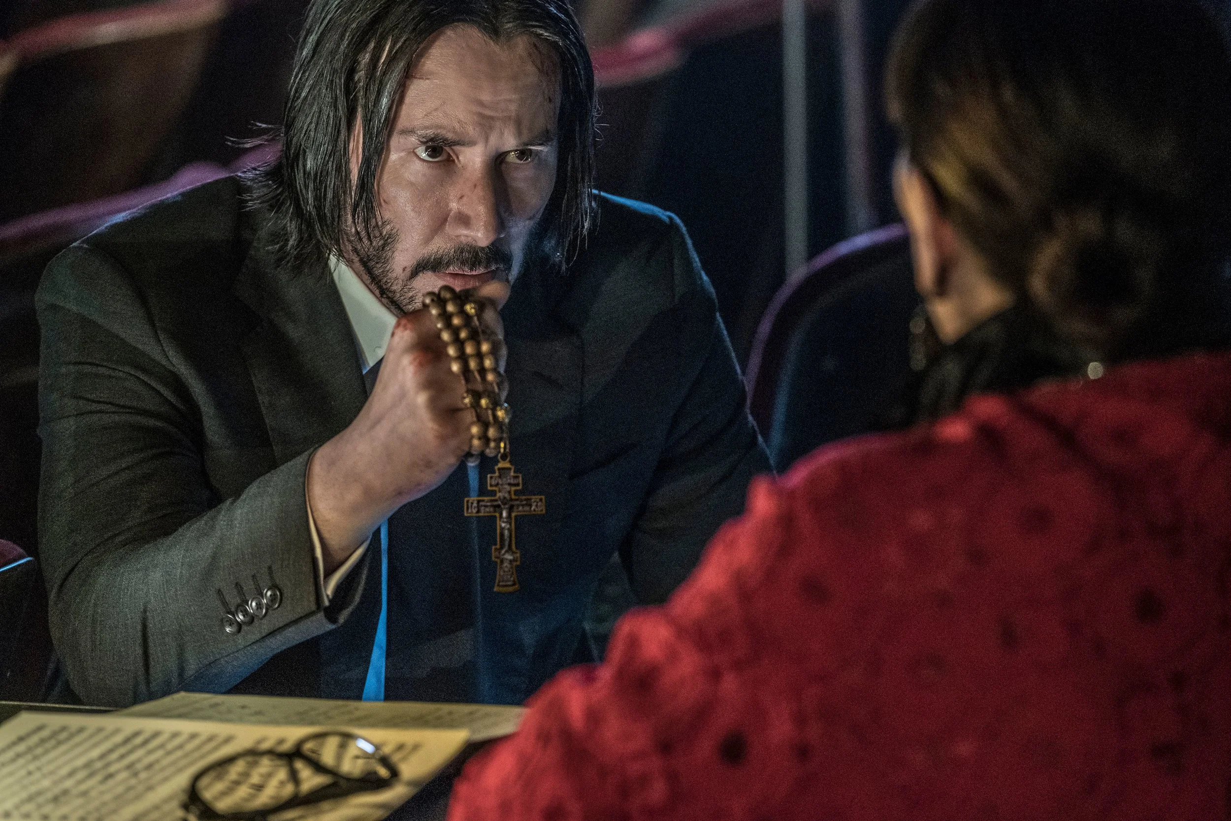 Keanu Reeves & Anjelica Huston in John Wick: Chapter 3 - Parabellum, courtesy of Lionsgate