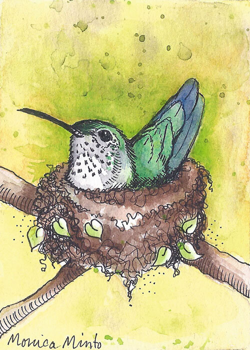 Print of bird watercolor painting ACEO print Sweet summer nest Hummingbird