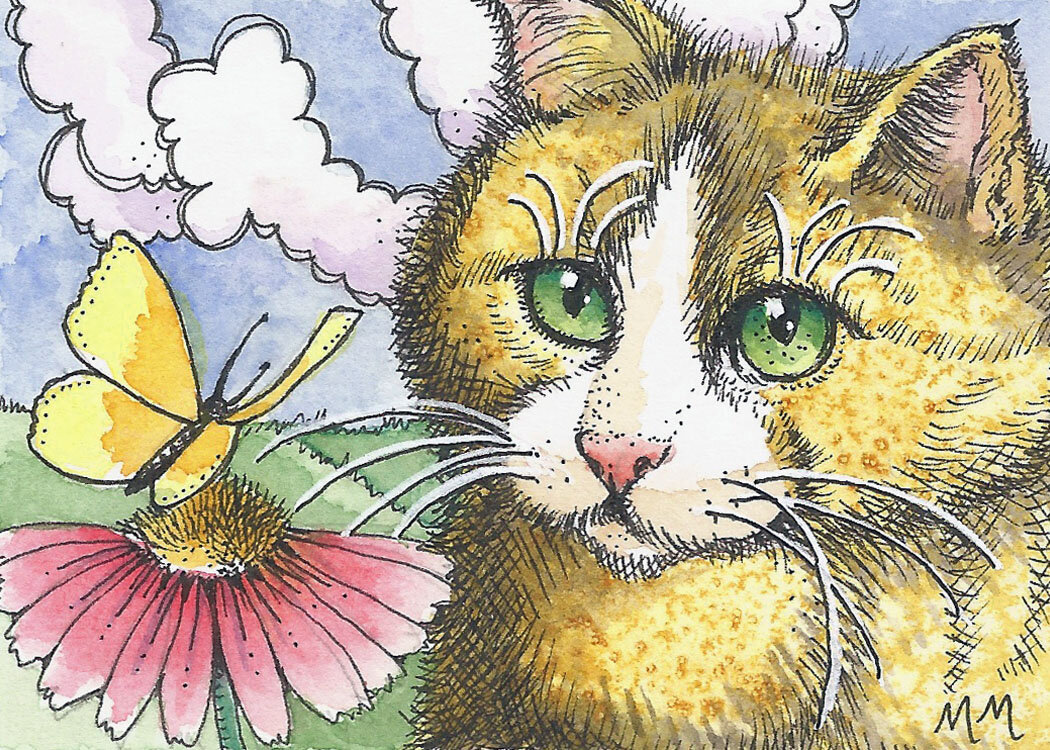 yellow cat with butterfly ACEO.jpg
