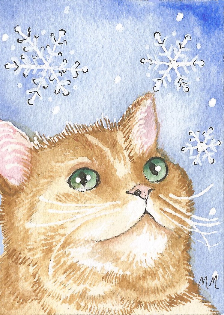 ginger cat and snowflakes ACEO .jpg