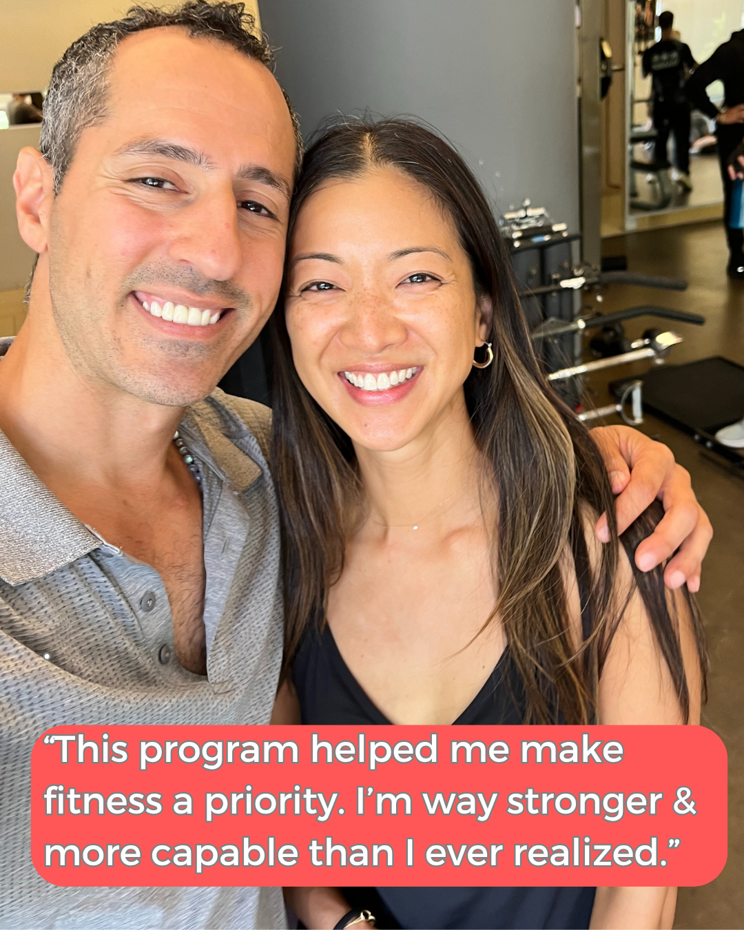 Jonathan Angelilli with his student Cressida at the gym in Union Square NYC hugging after a private strength training and nervous system coaching session.