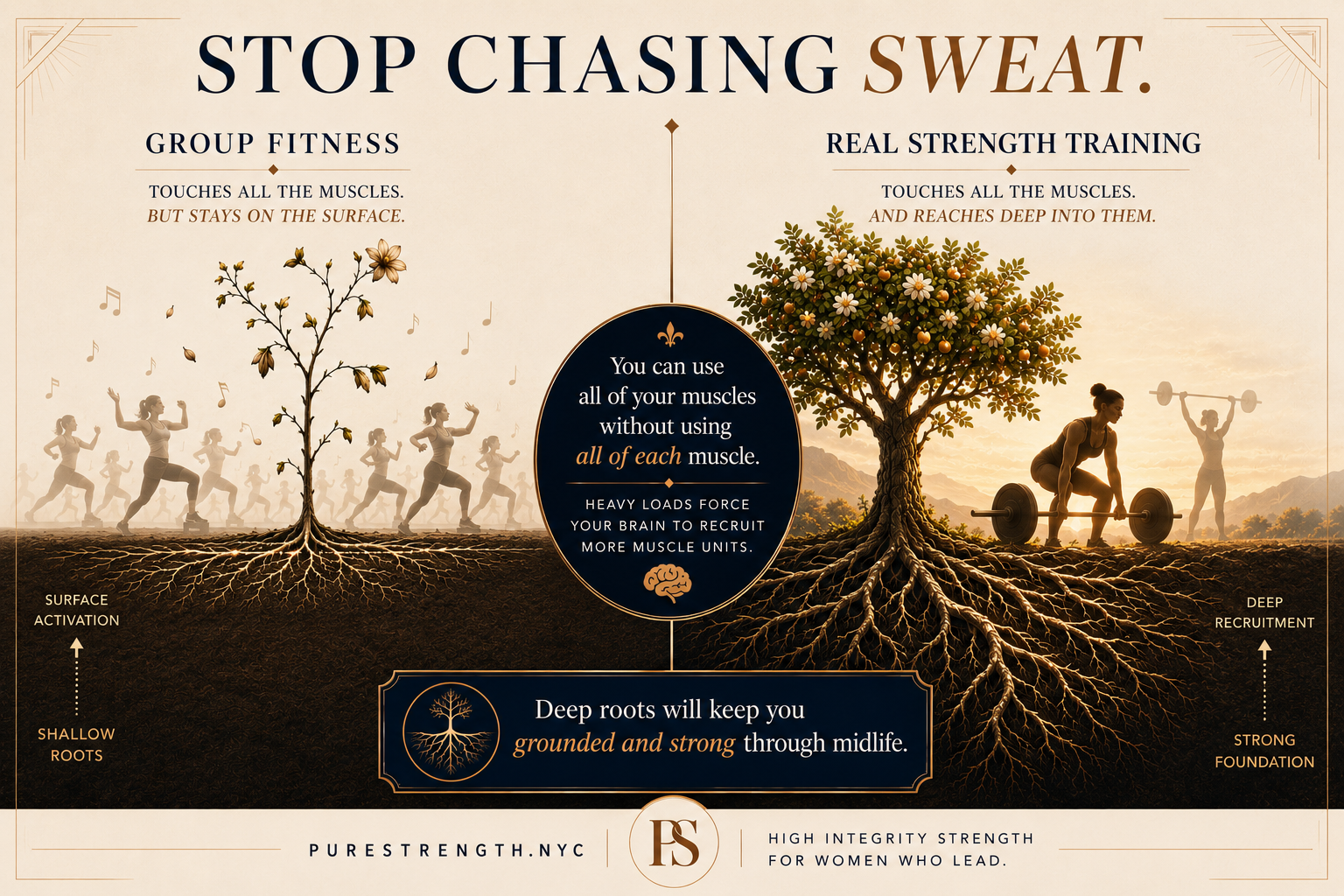 A conceptual tree root diagram contrasting shallow roots (group fitness cardio stimulation) with deep, anchored roots (neurological adaptation from progressive strength training for women over 40).