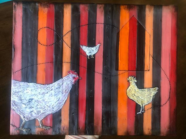 An encaustics gift for Kate @drinkingwithchickens. Inspired by her festively painted chicken coop. Third photo screen shot from her website www.drinkingwithchickens.com ⭐️
.
.
⭐️
.
.
.
⭐️ #mixedmedia #encausticpainter #renoart #renoartist #womenwhopa