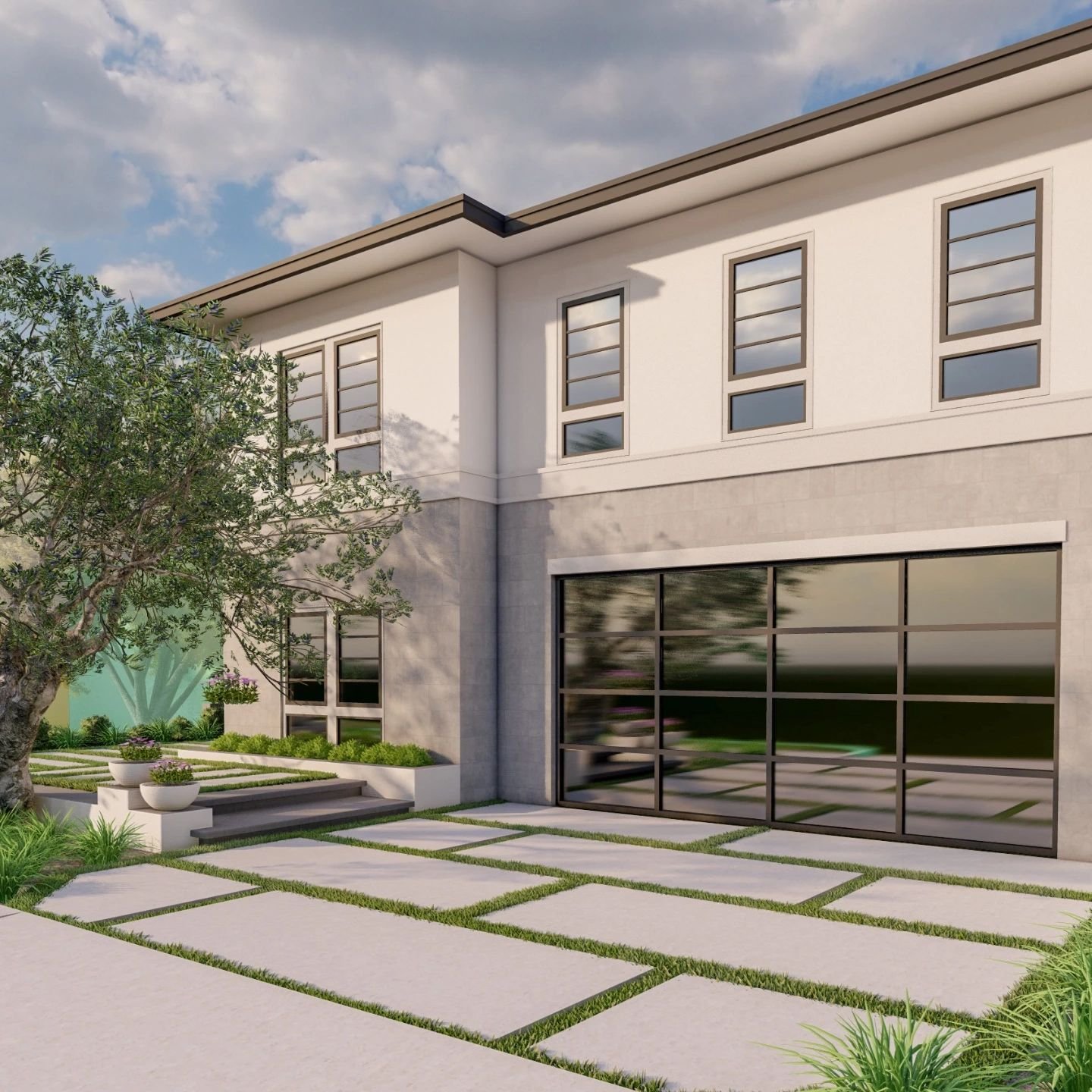 Front yard modern concept.
.
.
.
.
.
.
.
.
.
.
.
.
.
#h&ocirc;f #landscape #landscapearchitecture #pool #hardscape #paving #pavers #planting #trees #shrubs #groundcover #softscape #residential #design #cad #render #3d #rendering #concrete #California