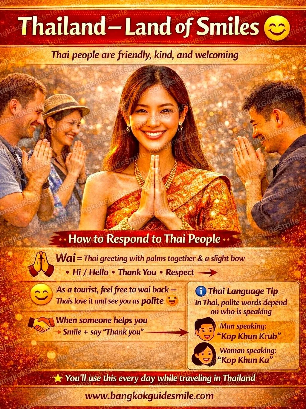 Private Guide in Bangkok teach tourists how to 'wai' or bow for Thai greeting