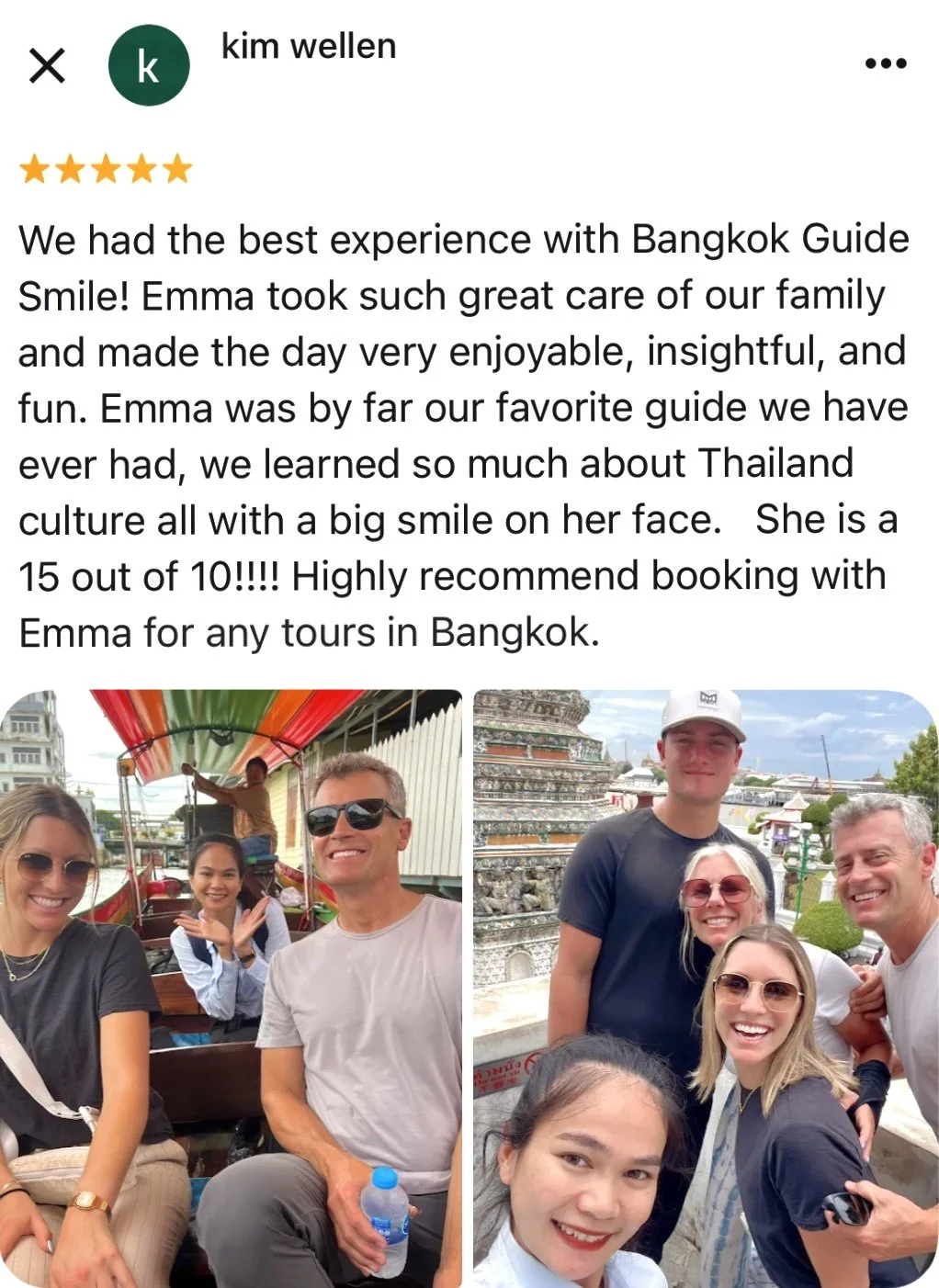 5-star customer rating for Bangkok Tour with Guide Emma