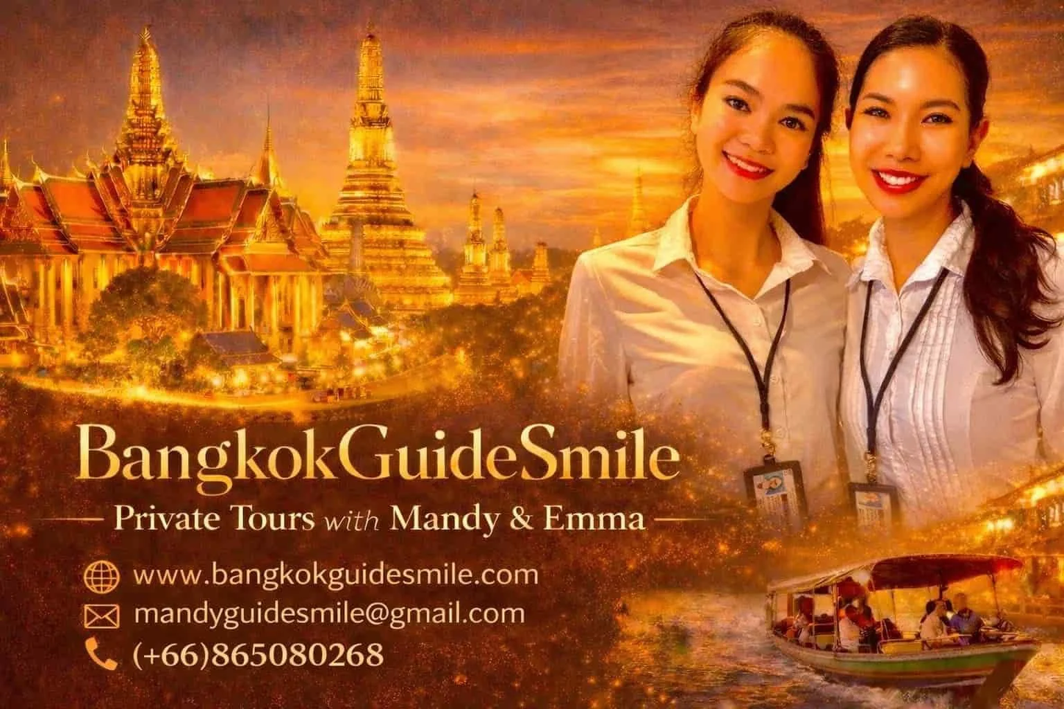 Tour guide business card for Bangkok Guide Smile, featuring two smiling women with conference badges, Thai temples and river scene in the background, contact information and website.