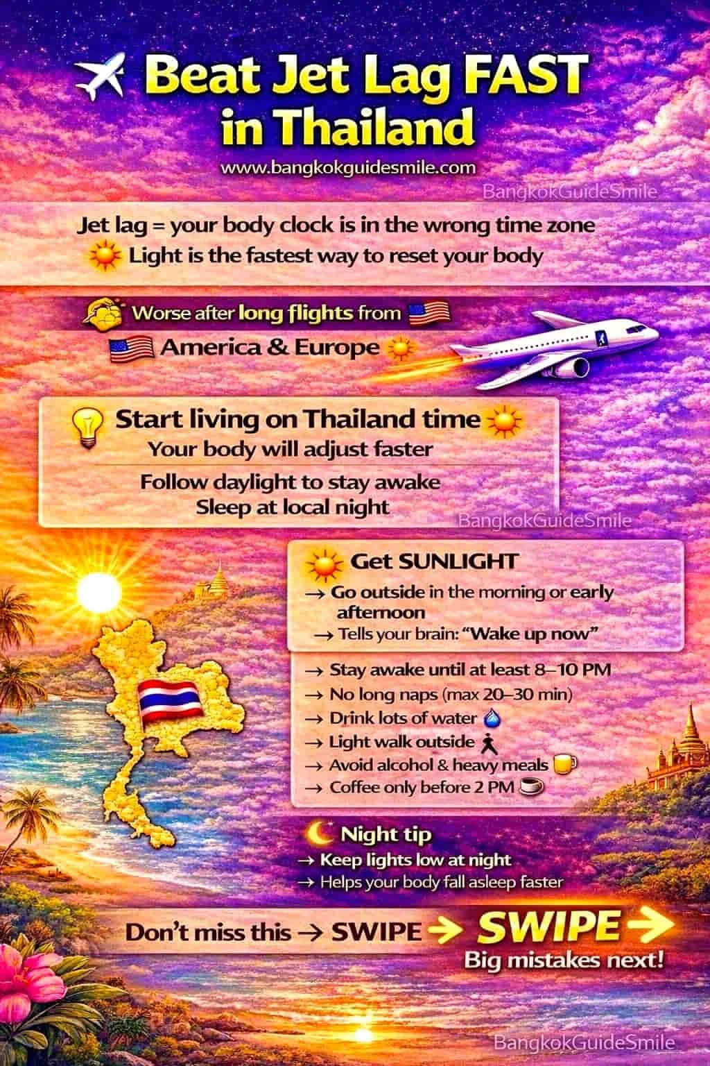 Travelers enjoying Bangkok private tour after long flight jet lag recovery