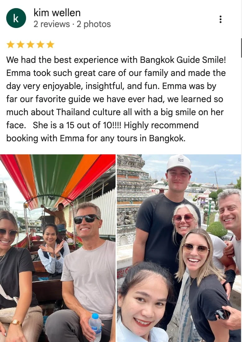 Tourist review sharing a great experience with Bangkok Private Guide Emma